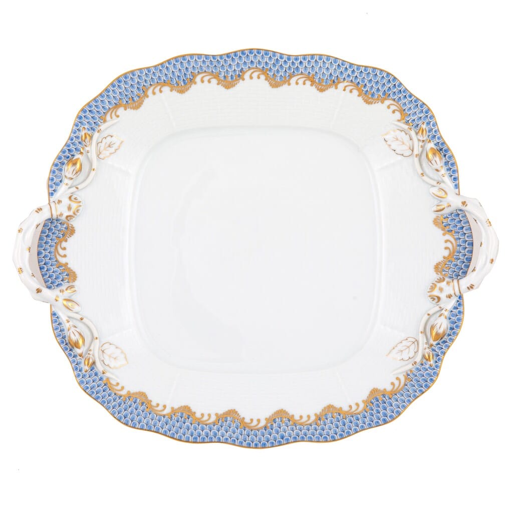 Herend Fish Scale Square Cake Plate With Handles Dinnerware Herend Light Blue 