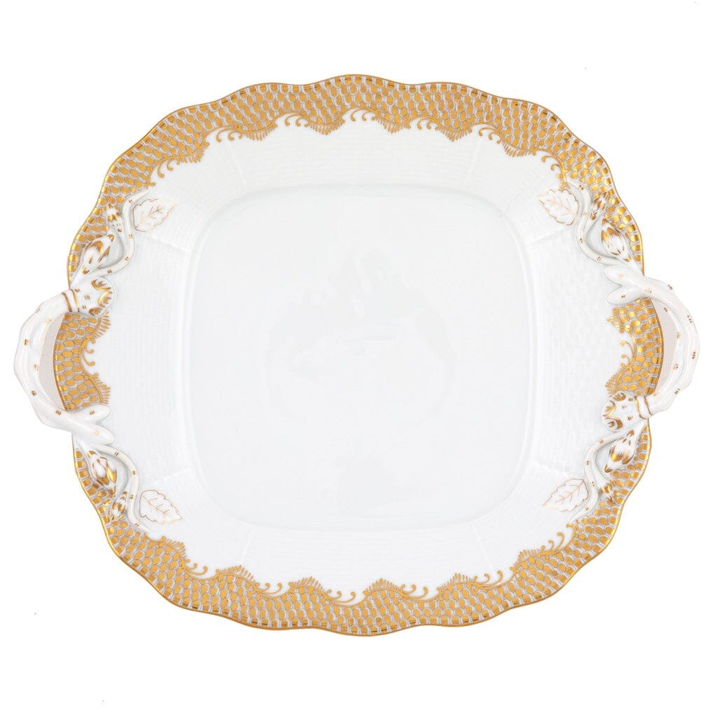 Herend Fish Scale Square Cake Plate With Handles Dinnerware Herend Gold 