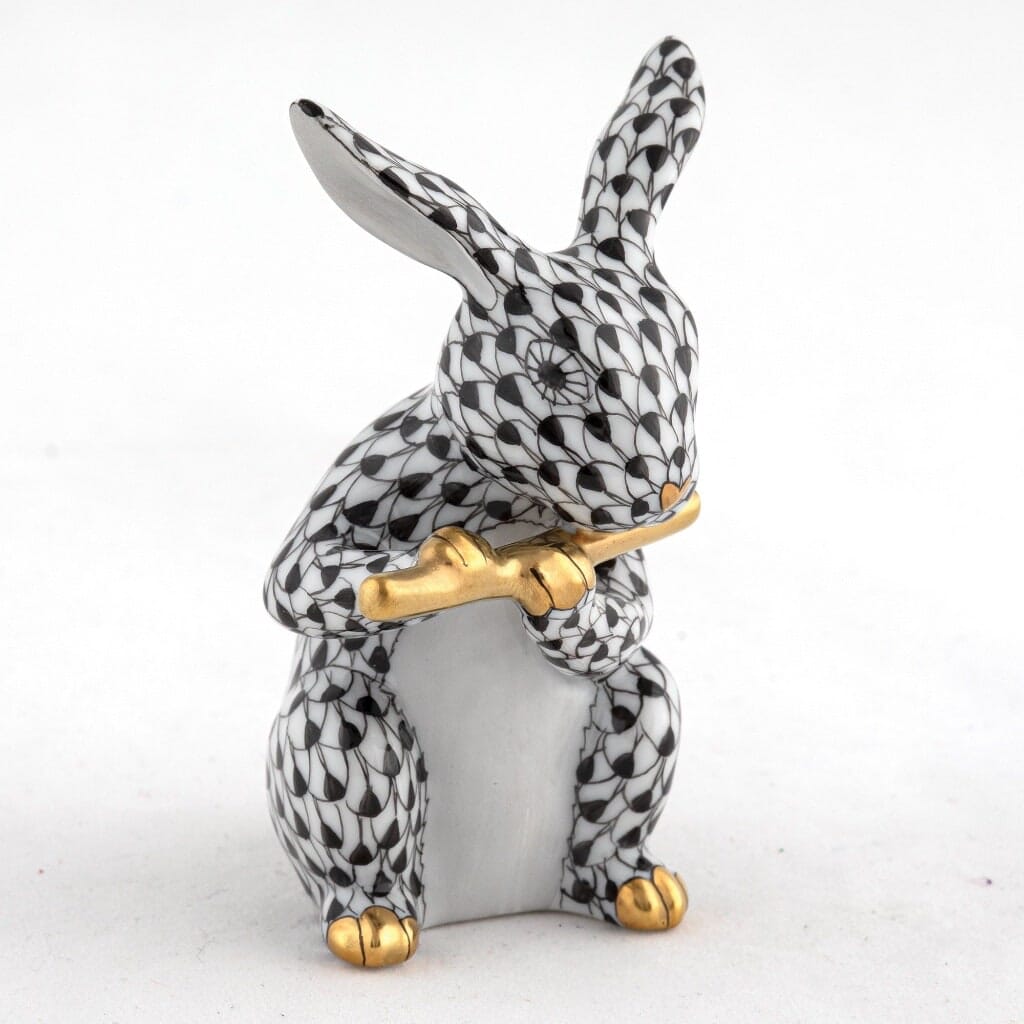 Herend Flute Bunny Figurine Figurines Herend Black 