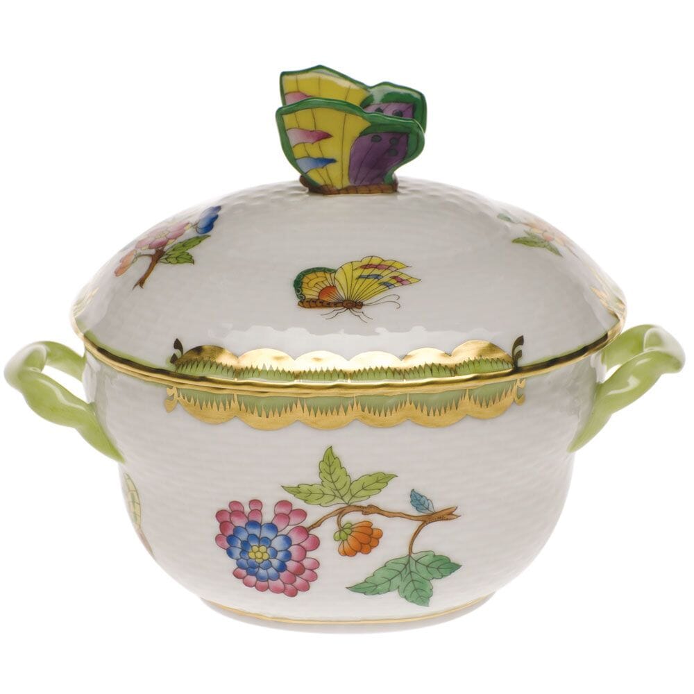 Herend Queen Victoria Covered Bonbon With Butterfly Dinnerware Herend Green 