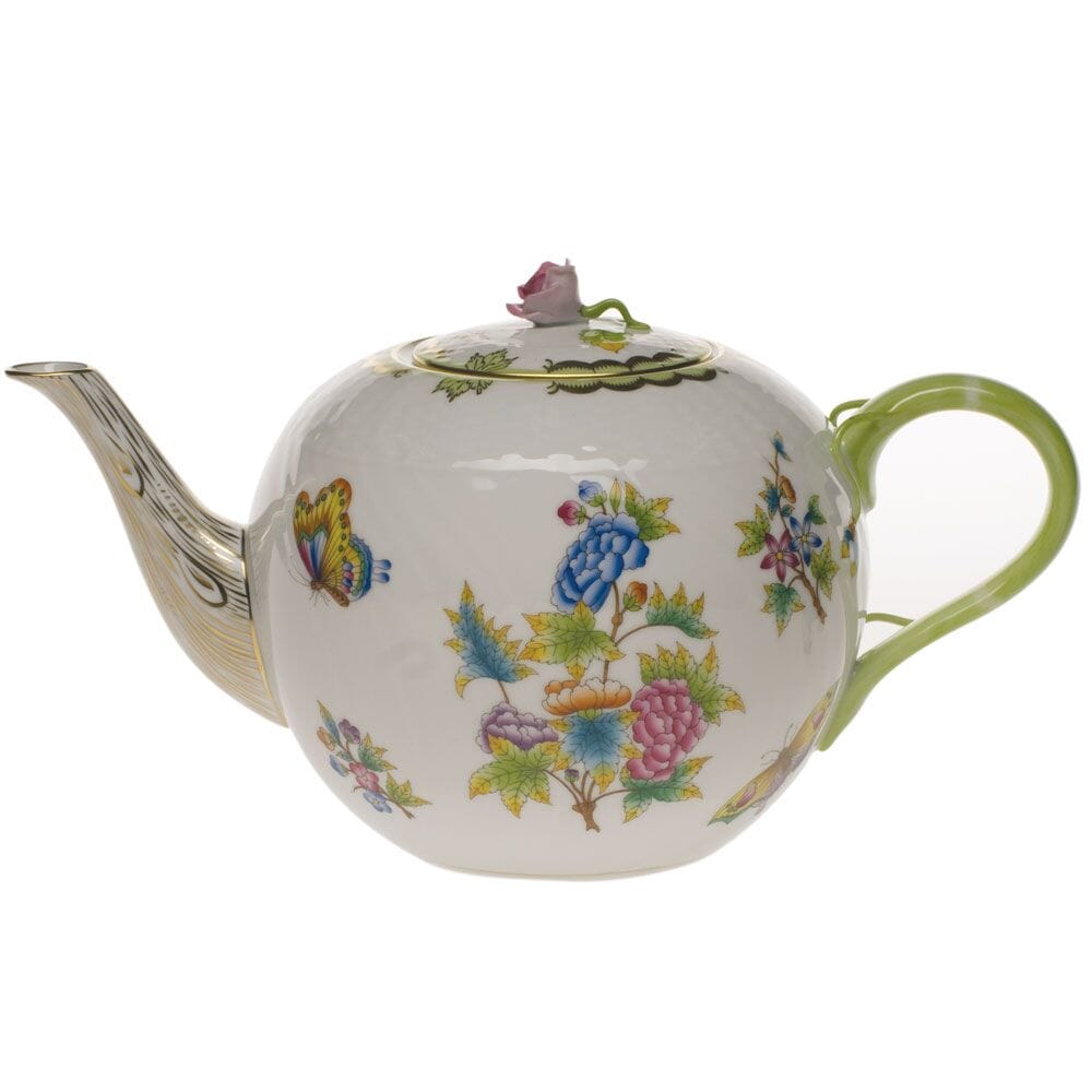 Herend Queen Victoria Tea Pot With Rose - 84 oz. Dinnerware Herend Green