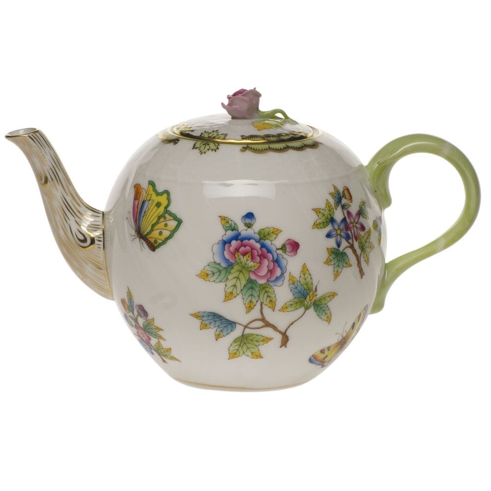 Herend Queen Victoria Tea Pot With Rose - 36 oz. Dinnerware Herend Green