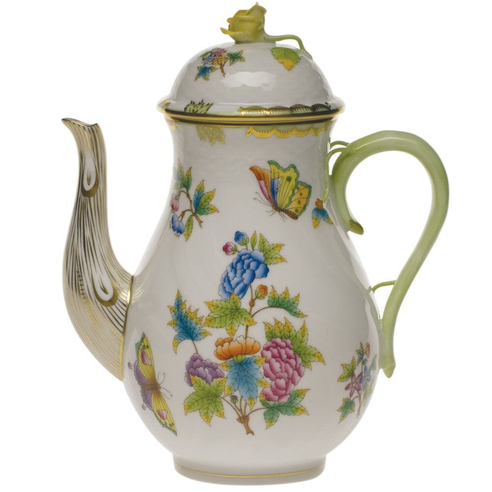 Herend Queen Victoria Coffee Pot With Rose - 60 oz. Dinnerware Herend Green