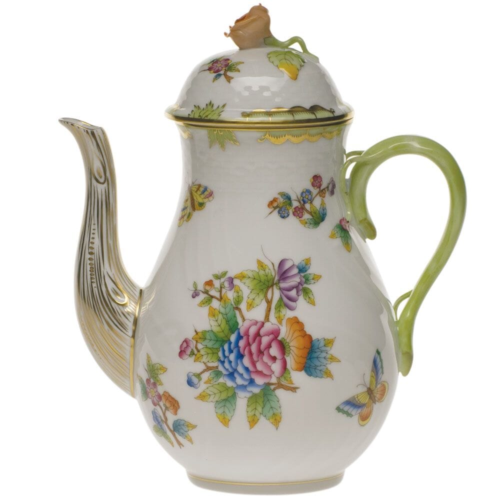 Herend Queen Victoria Coffee Pot With Rose - 36 oz. Dinnerware Herend Green