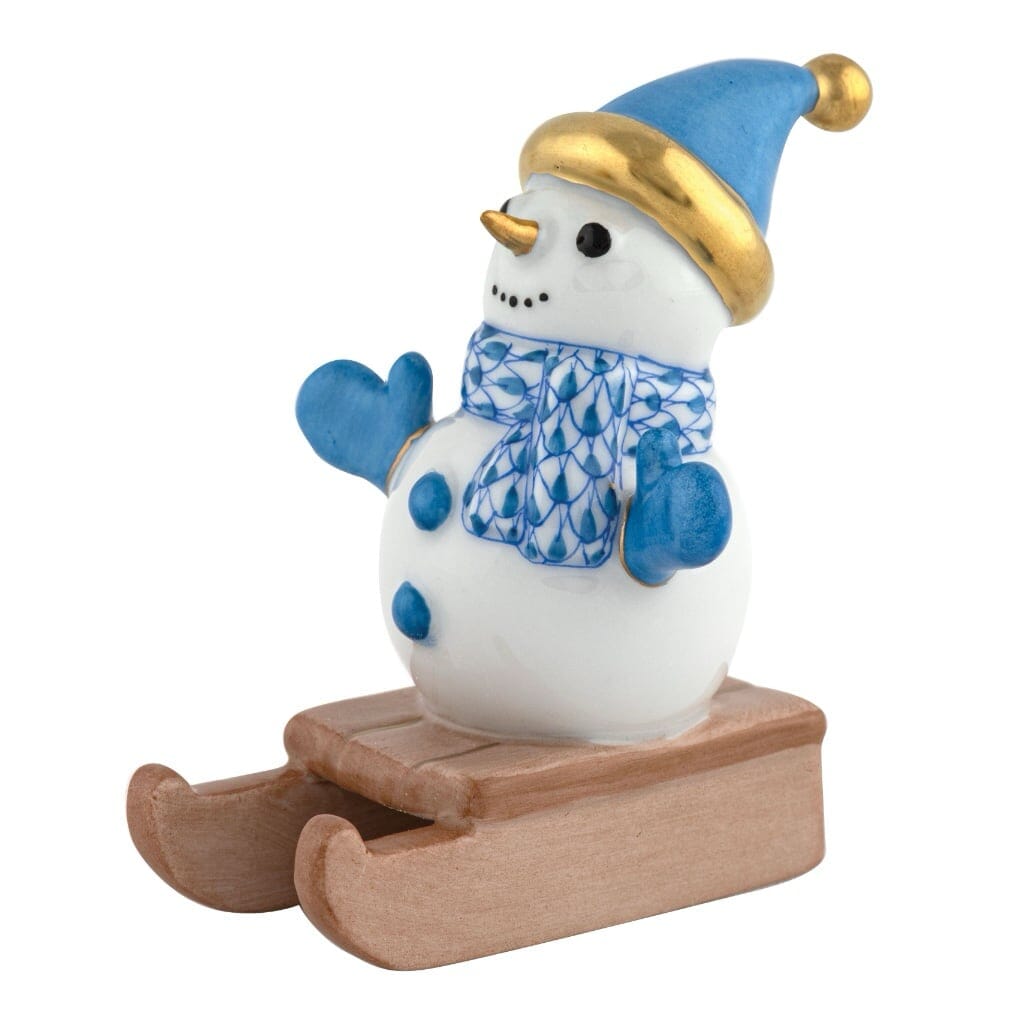 Herend Sledding Snowman Figurine Figurines Herend Blue 