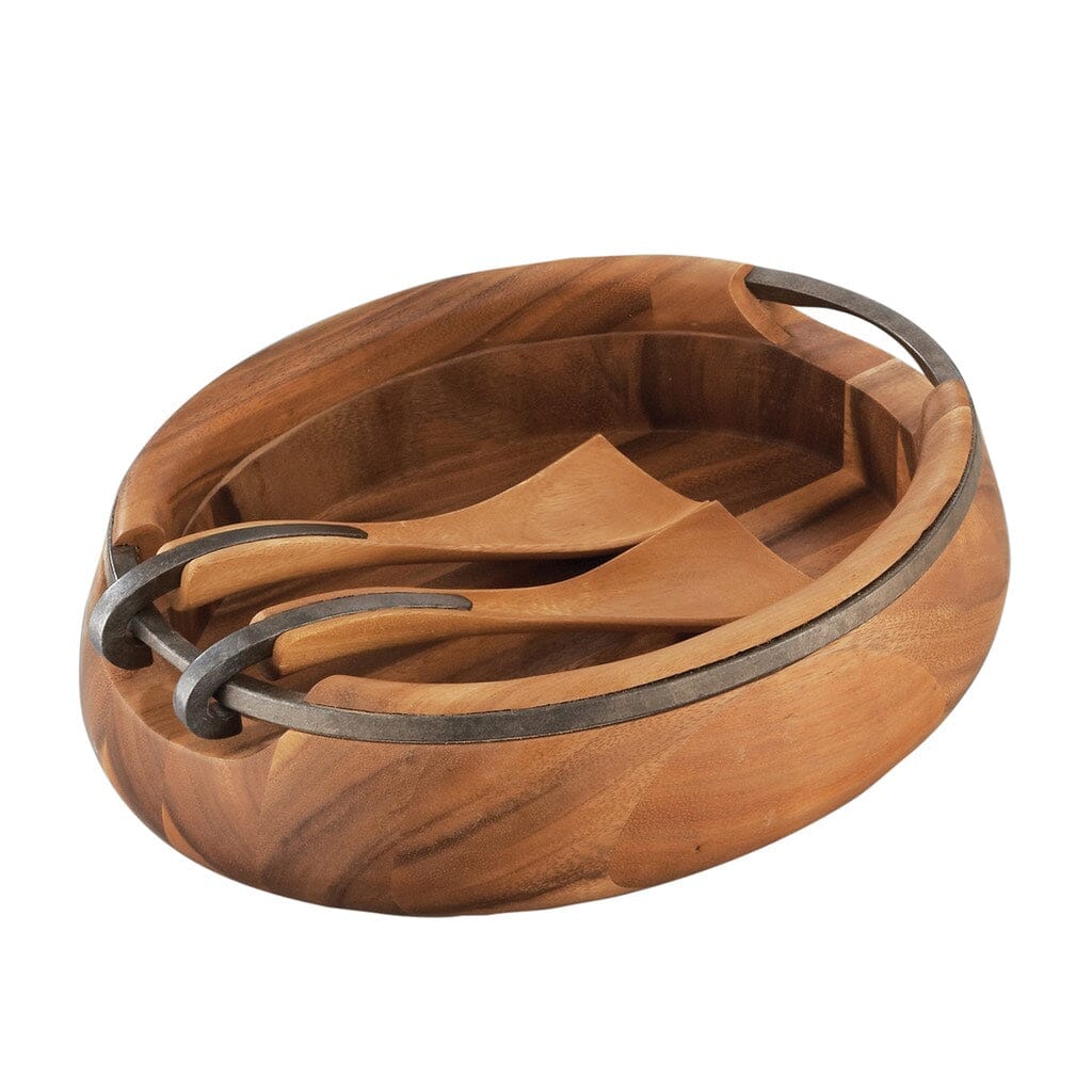 Nambe Anvil Oval Wood Salad Bowl With Servers Salad Bowls Nambe 