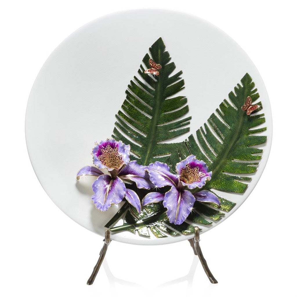 Jay Strongwater Catalina Orchid and Banana Leaf Platter with Stand Figurines Jay Strongwater 