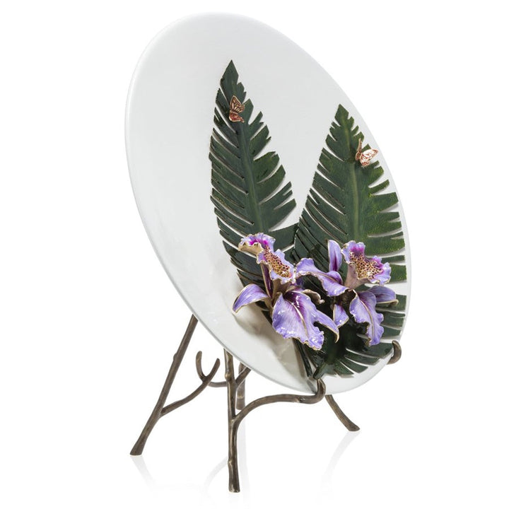 Jay Strongwater Catalina Orchid and Banana Leaf Platter with Stand Figurines Jay Strongwater 