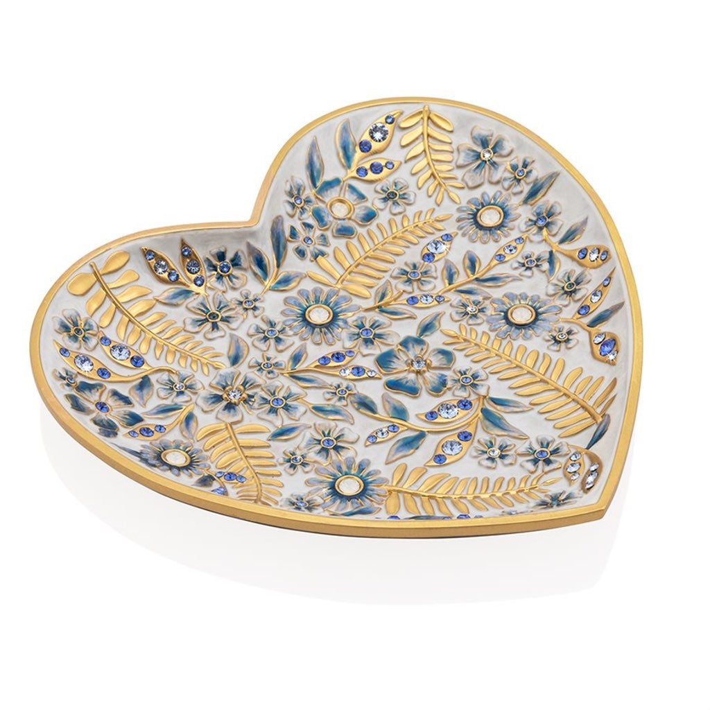 Jay Strongwater Aria Floral Heart Trinket Tray - Delft Garden Trays Jay Strongwater 