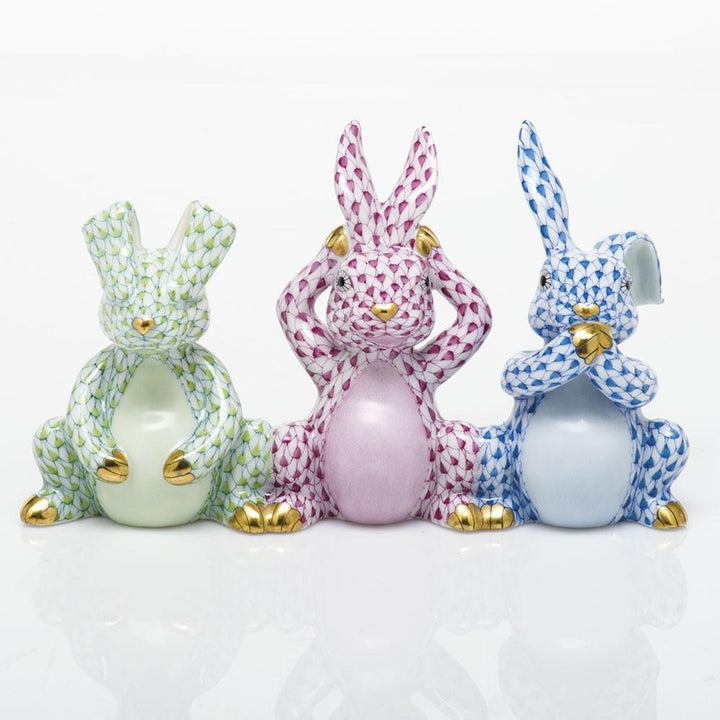 Herend Three Wise Bunnies Figurines Herend Lime + Pink + Blue 